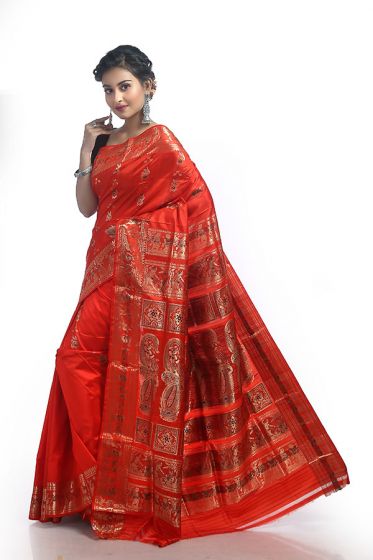Deep Scarlet Orange Ethnic Gorgeous Pure Silk Swarnachari Saree