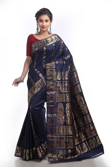 Navy Blue Ethnic Gorgeous Pure Silk Baluchari Swarnachari Saree