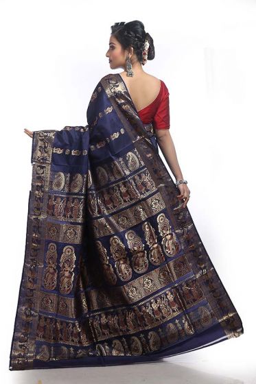 Navy Blue Ethnic Gorgeous Pure Silk Baluchari Swarnachari Saree