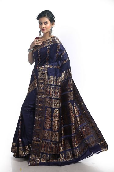 Navy Blue Ethnic Gorgeous Pure Silk Baluchari Swarnachari Saree