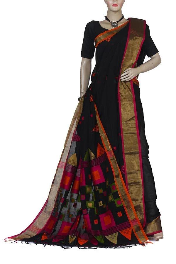 Black Stylish Soft Handloom Cotton Saree