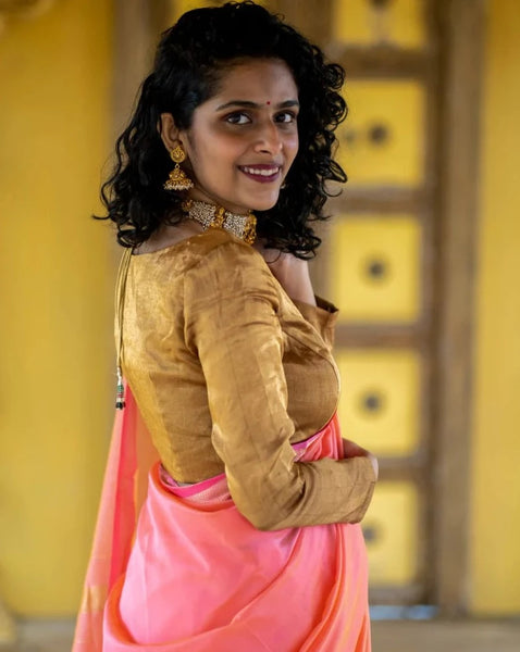 Golden Readymade Handloom Chanderi Silk And Zari Blouse