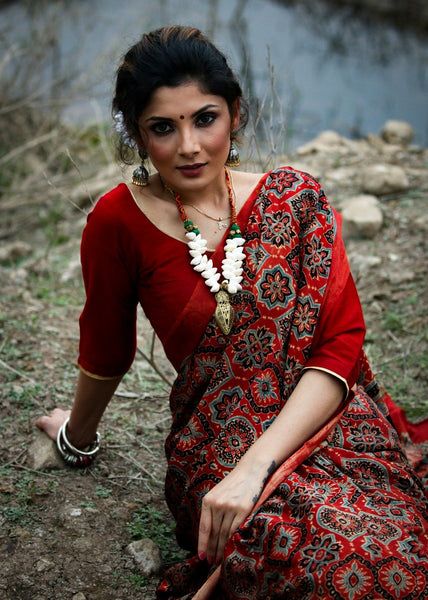 PURE MODAL SILK HAND BLOCK PRINTED MAROON SAREE