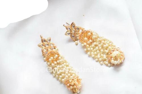 Gold Colored Kundan Pearl Studded Dangler Earrings