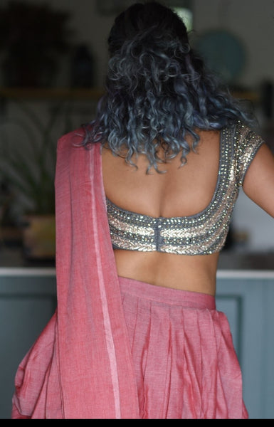 Silver hand-embroidered readymade blouse