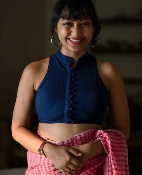 Readymade Blue Cotton Blouse With High Neck