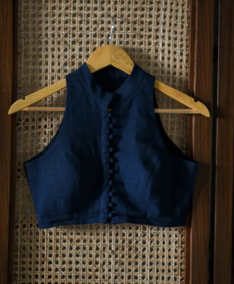 Readymade Blue Cotton Blouse With High Neck