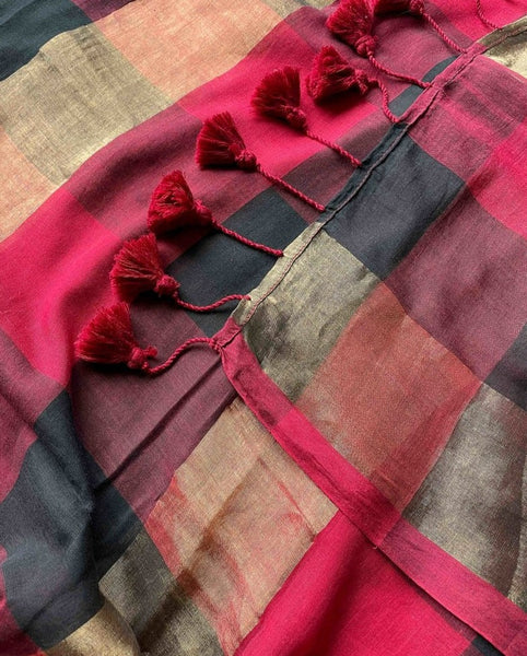 Black, Red and Gold Cotton Zari Saree