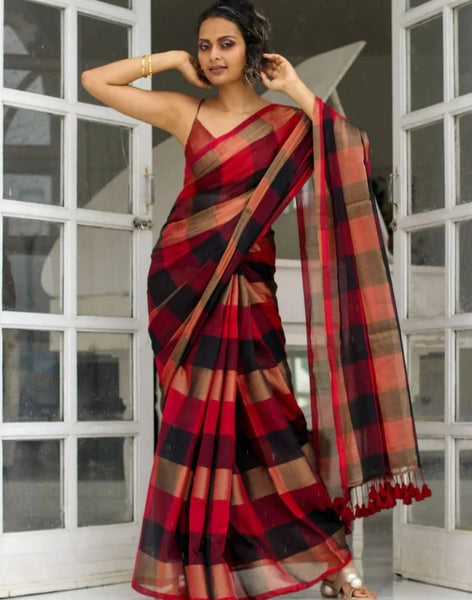 Black, Red and Gold Cotton Zari Saree