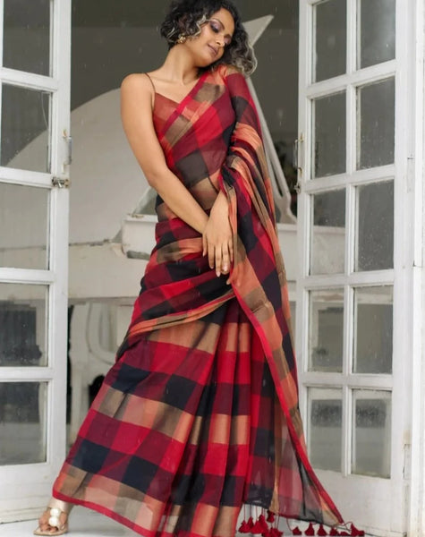 Black, Red and Gold Cotton Zari Saree
