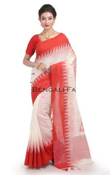 Red and White Pure Bengali Cotton Saree