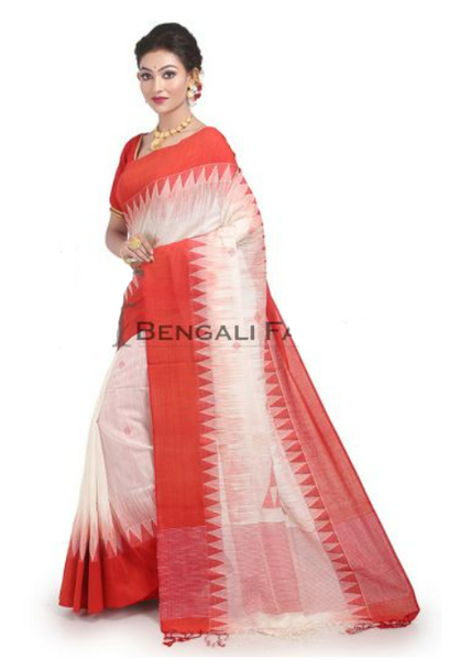 Red and White Pure Bengali Cotton Saree