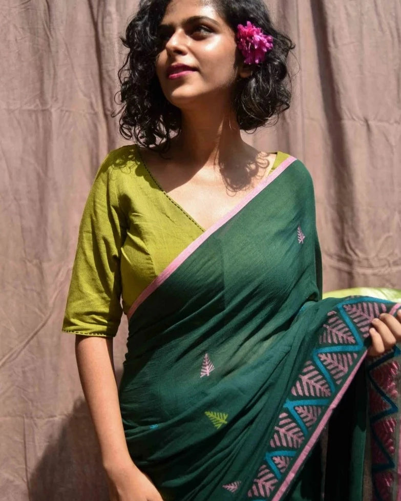 Readymade Olive Green Cotton Blouse With Hand Embroidery