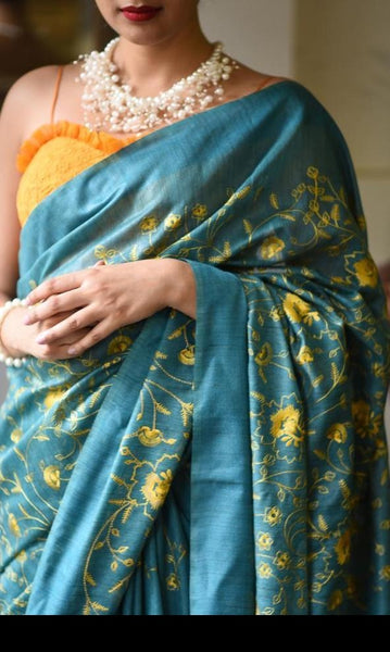 Blue Shaded and Yellow Embroidered Handloom Tussar Silk Saree