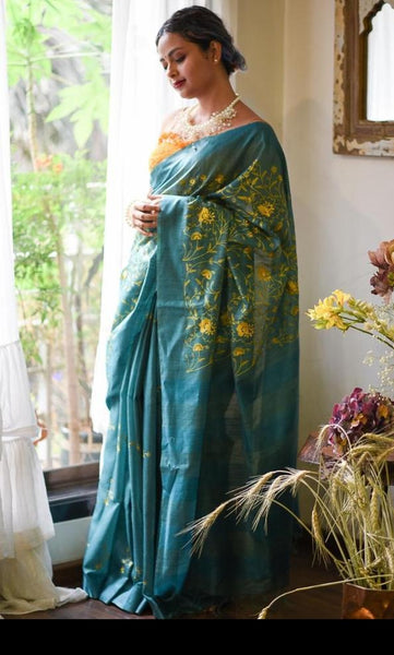 Blue Shaded and Yellow Embroidered Handloom Tussar Silk Saree
