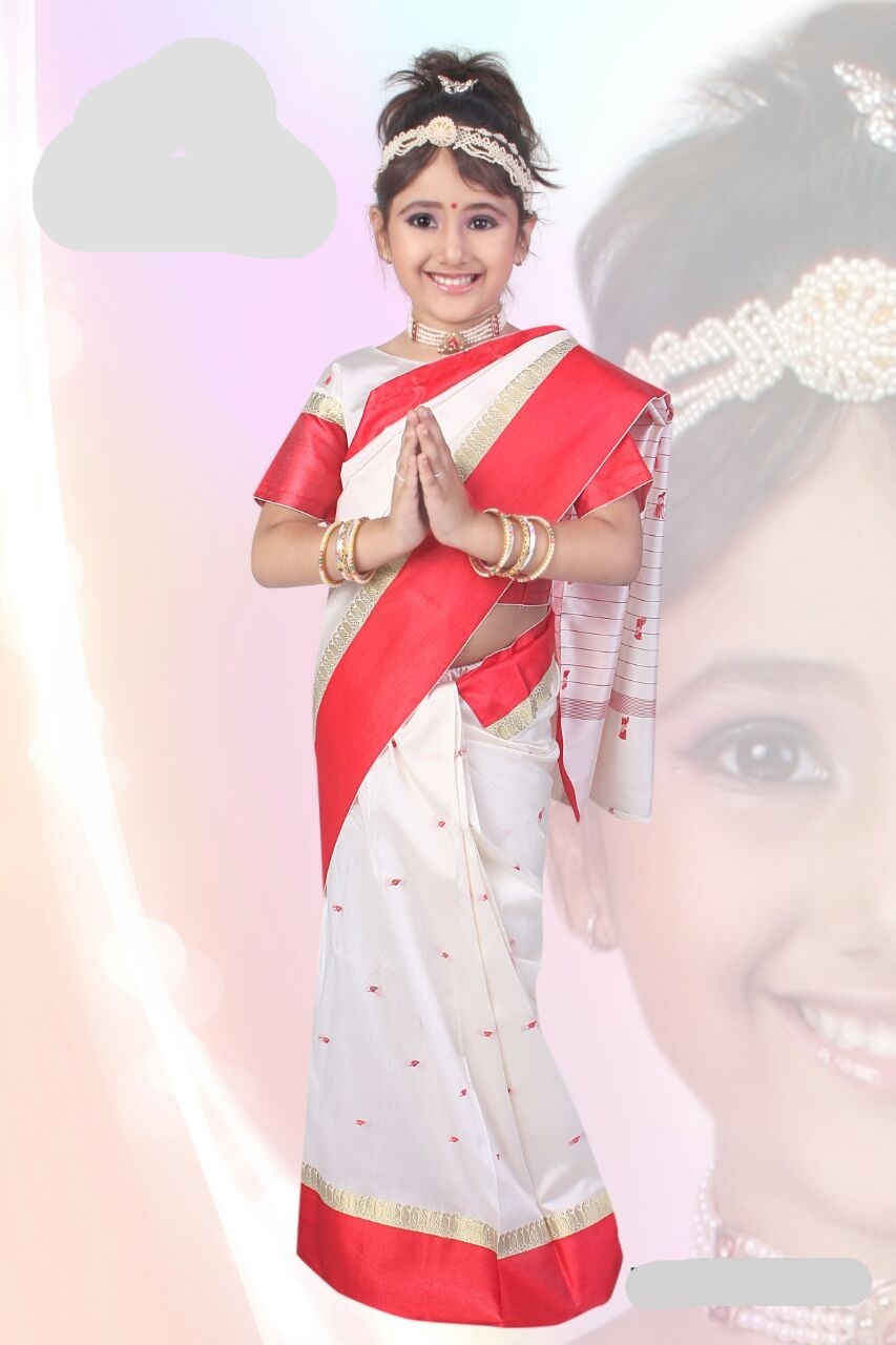 Girls Ethnic White & Red Silk Pre Stitched Saree