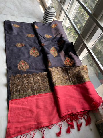 Pure Black and Red Muga Banarasi Silk Saree