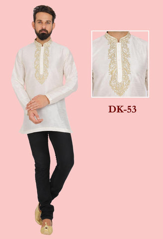 Off White Colored Embroidered Silk Mens Short Kurta