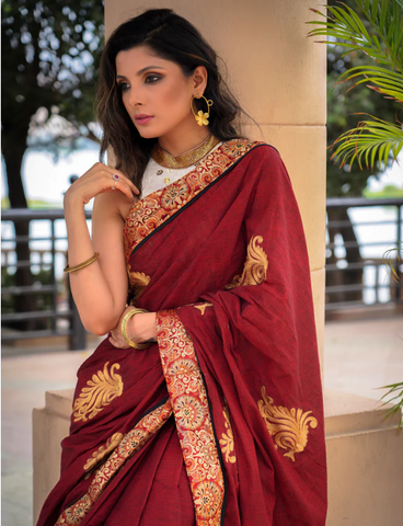 MAROON COTTON SAREE WITH EXCLUSIVE EMBROIDERED MOTIFS AND BANARASI BORDER