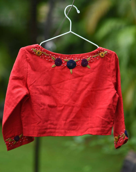 Red hand embroidered readymade blouse