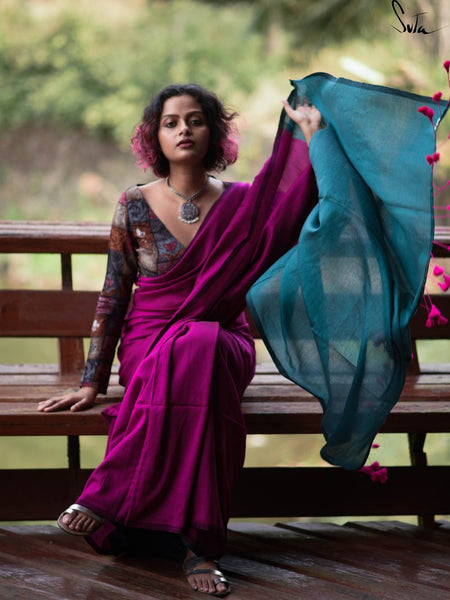 Pink & Dark Teal Cotton Acrylic Saree