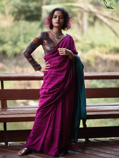 Pink & Dark Teal Cotton Acrylic Saree