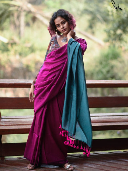 Pink & Dark Teal Cotton Acrylic Saree