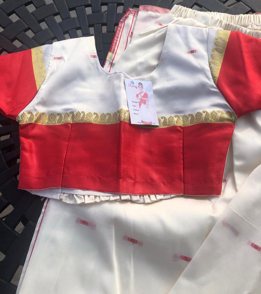Girls Ethnic White & Red Silk Pre Stitched Saree