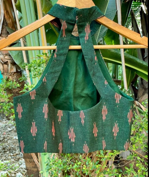 DARK GREEN IKAT COTTON READYMADE BLOUSE