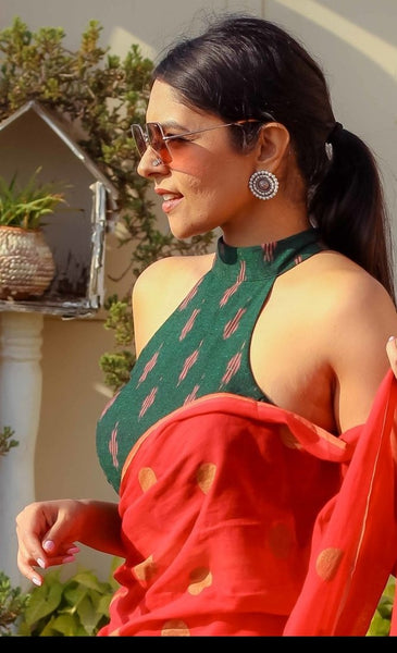 DARK GREEN IKAT COTTON READYMADE BLOUSE