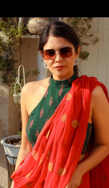 DARK GREEN IKAT COTTON READYMADE BLOUSE