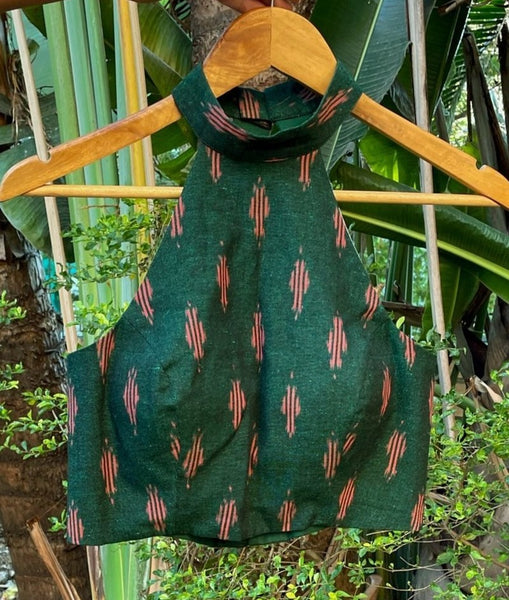 DARK GREEN IKAT COTTON READYMADE BLOUSE