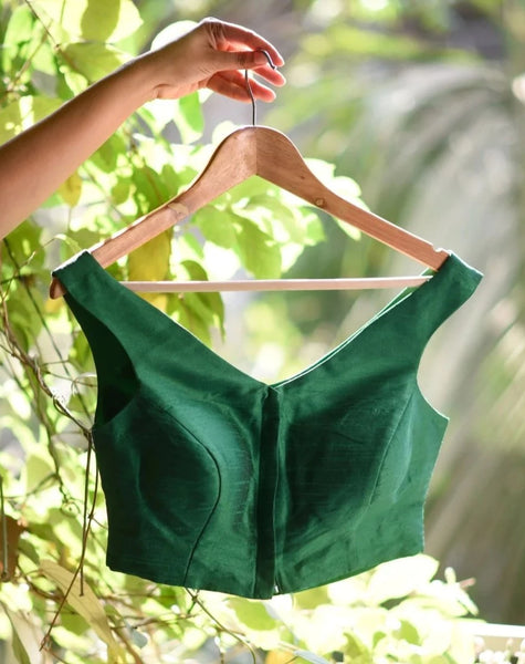 Readymade Green Blouse In Artificial Raw Silk