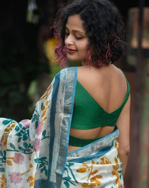 Readymade Green Blouse In Artificial Raw Silk