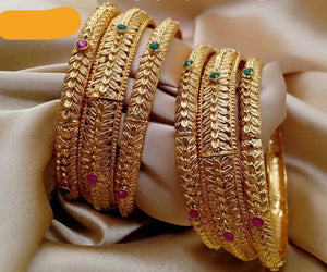 Gold Colored Bangles with Pink & Green Stones