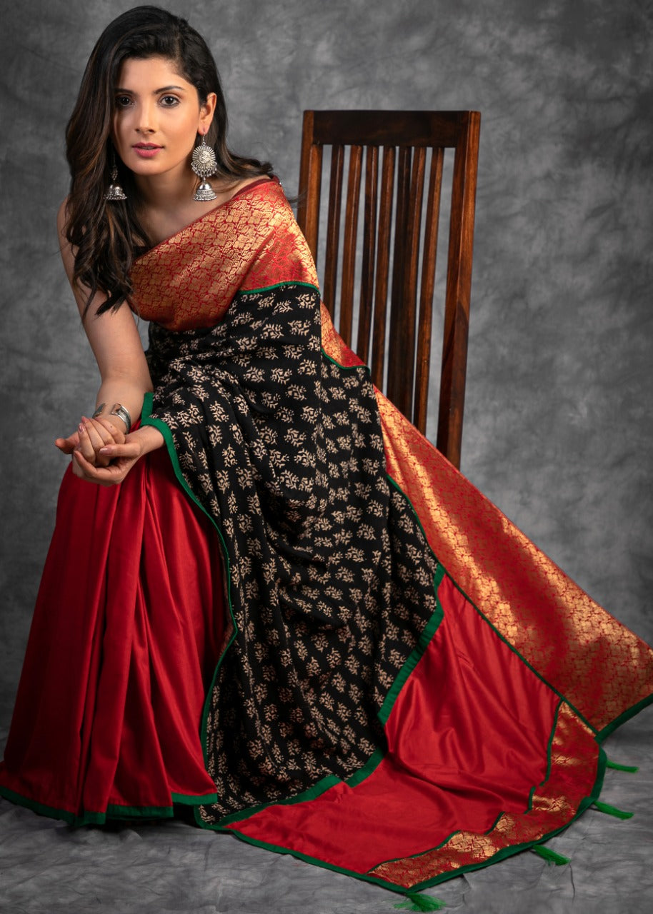BLOCK PRINTED SAREE WITH BENARASI COMBINATION & COTTON SILK PLEATS