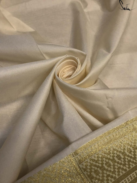 Golden Beige Colored Katan Silk Polyester Saree