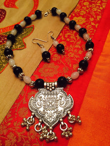 Traditional Silver Necklace With Colored Beads And Matching Earrings