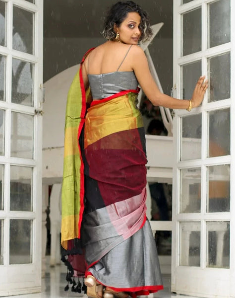 Silver Gold And Black Brightest Cotton-Zari Saree