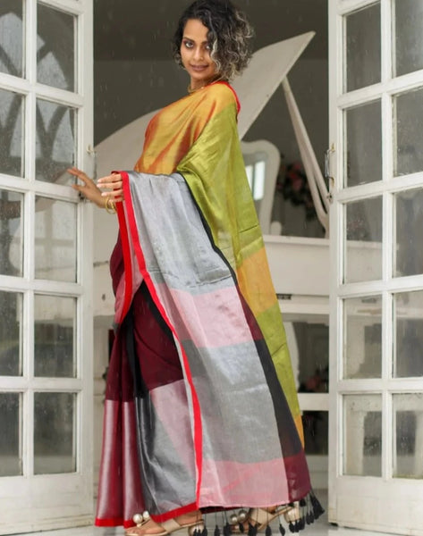 Silver Gold And Black Brightest Cotton-Zari Saree