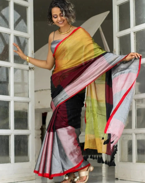 Silver Gold And Black Brightest Cotton-Zari Saree
