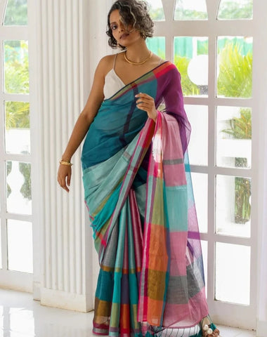 Multi-Colored Cotton Zari Saree