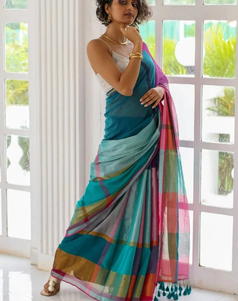 Multi-Colored Cotton Zari Saree