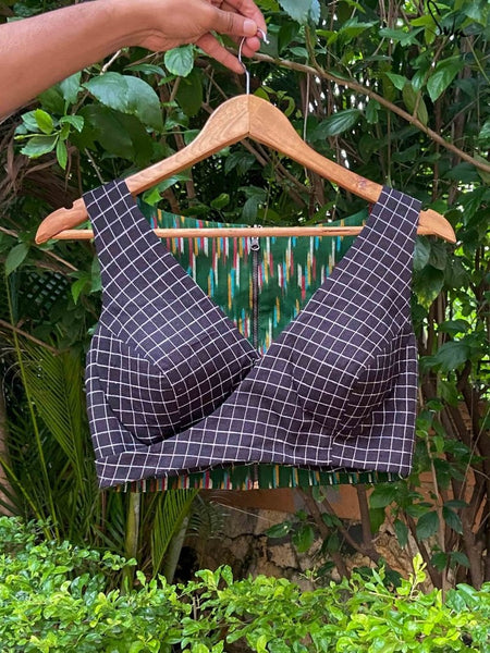 GREEN AND BLACK  COTTON IKAT REVERSIBLE READYMADE BLOUSE