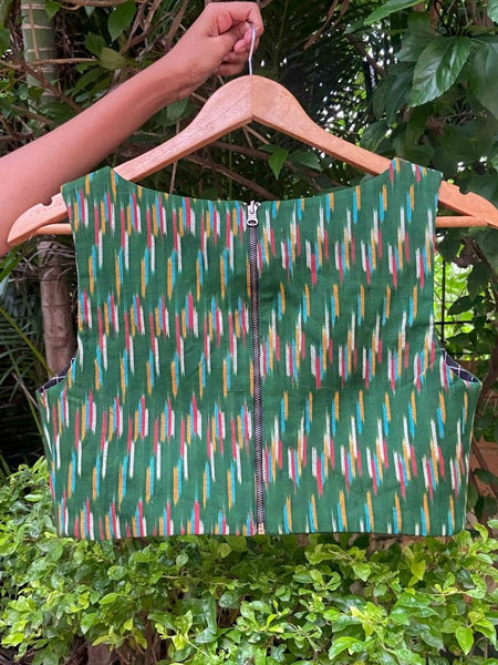 GREEN AND BLACK  COTTON IKAT REVERSIBLE READYMADE BLOUSE
