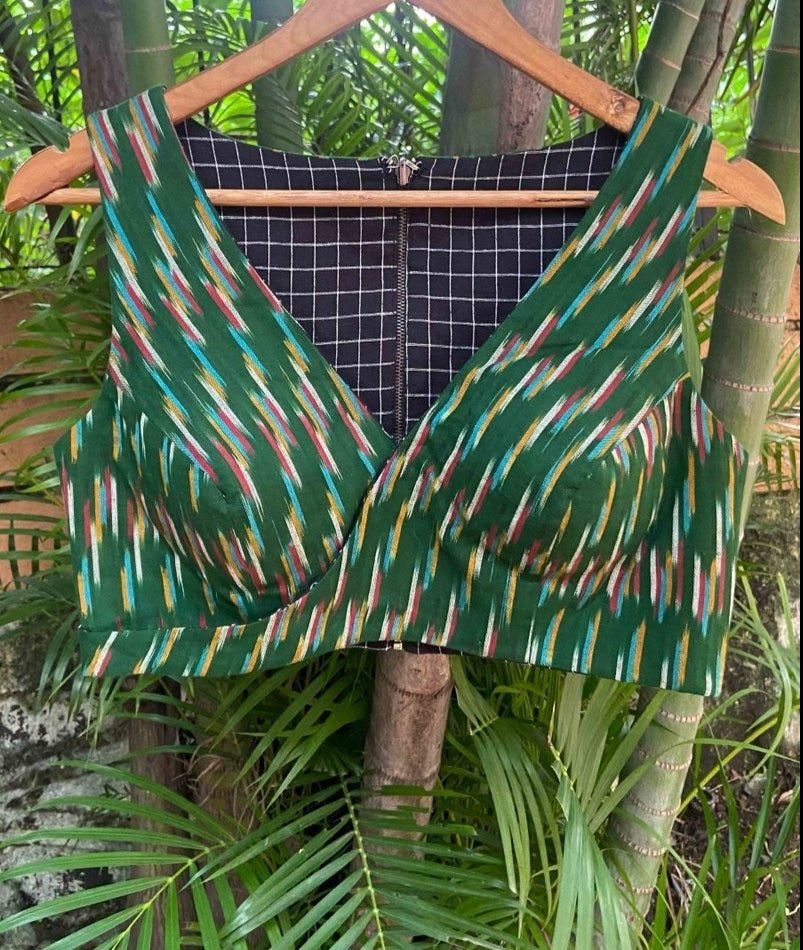 GREEN AND BLACK  COTTON IKAT REVERSIBLE READYMADE BLOUSE