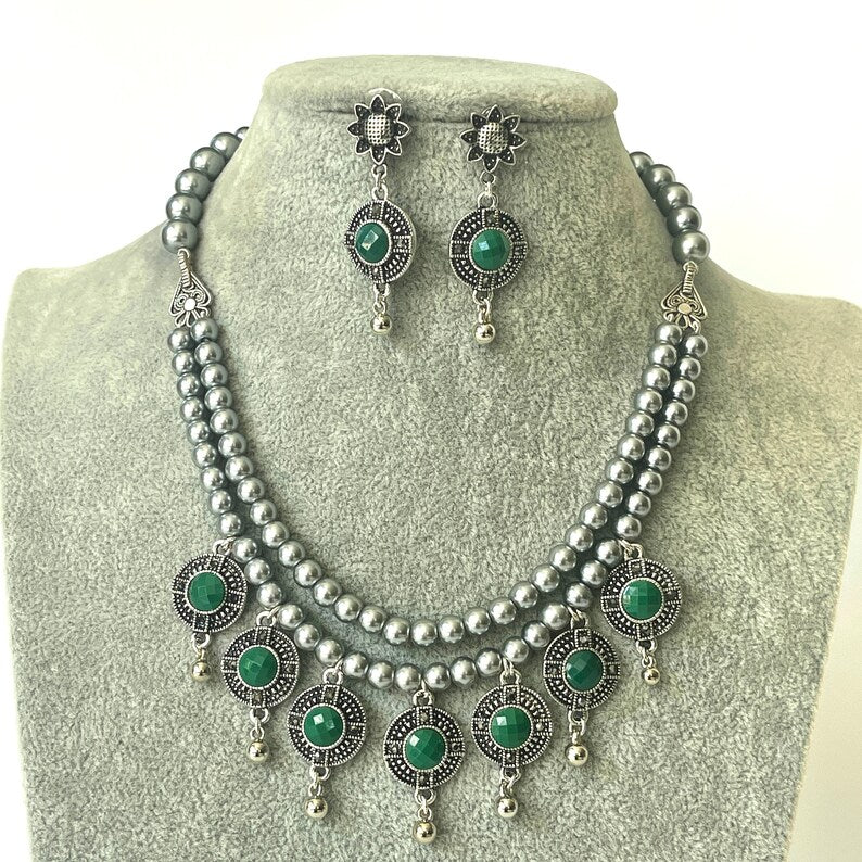Green Handcrafted Oxidized Gypsy Necklace