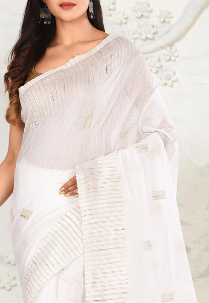 White Colored Pure Handloom Silk Cotton Ghicha Saree