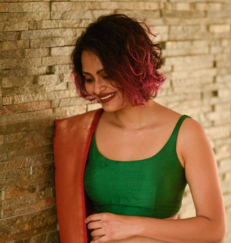 Green Color Silk Readymade Sleeveless Blouse