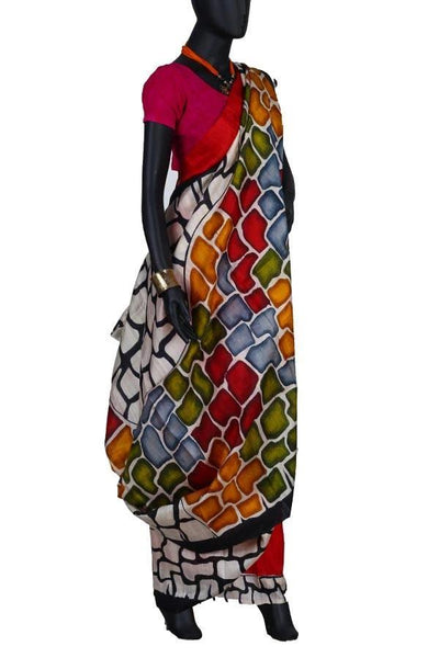 Red Traditional Silk Hand Printed Saree